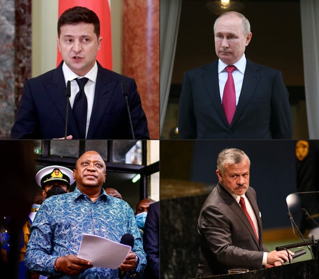 Clockwise from top left, Ukrainian President Volodymyr Zelensky; Russian President Vladimir Putin; King Abdullah II bin Al Hussein of Jordan; and Kenya‘s President Uhuru Kenyatta. Photo: AFP