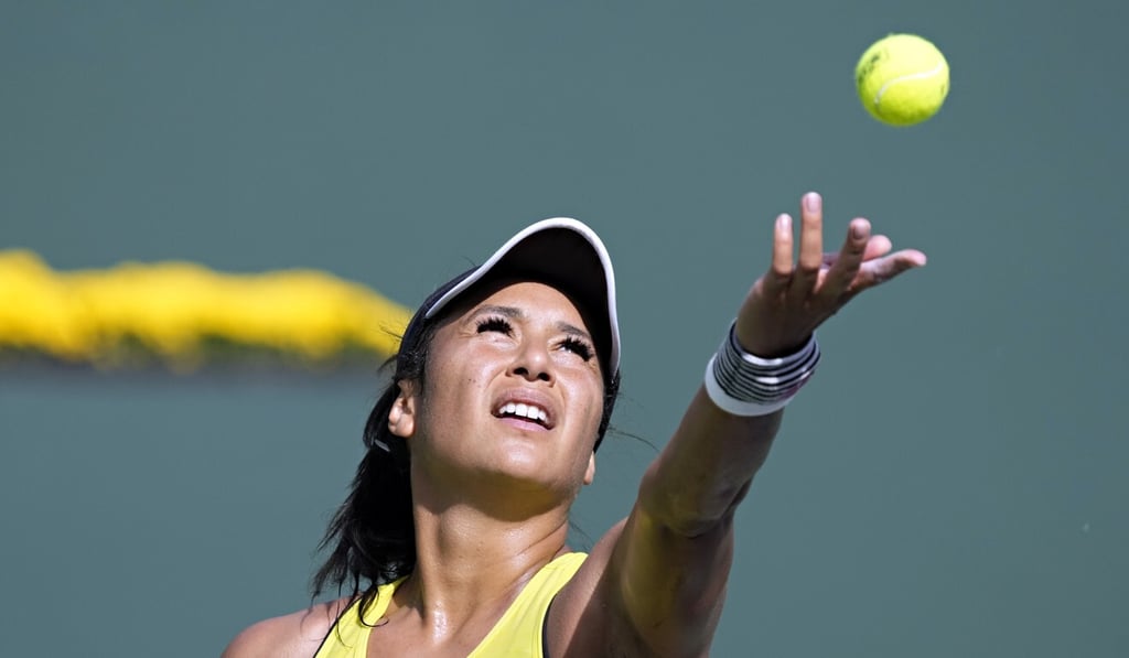 Heather Watson of Great Britain in action against Sloane Stephens of the US at the 2021 BNP Paribas Open tennis tournament at the Indian Wells Tennis Garden in Indian Wells, California. Photo: EPA