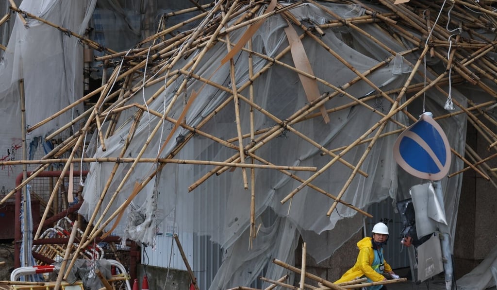 Collapsed scaffolding at Beverly Hill estate on Broadwood Road in Happy Valley in which a female construction worker died due to the heavy rain and strong winds brought by Tropical Storm Lionrock. Photo: SCMP / Nora Tam Collapsed scaffolding at Beverly Hill estate on Broadwood Road in Happy Valley in which a female construction worker died due to the heavy rain and strong winds brought by Tropical Storm Lionrock. Photo: SCMP / Nora Tam