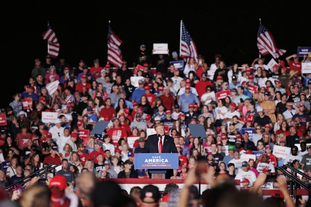 Donald Trump speaks during a Save America rally at the Iowa State Fairgrounds in Des Moines, Iowa on Saturday. Photo: Bloomberg