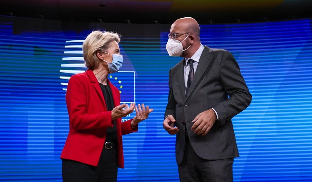 European Commission President Ursula von der Leyen (left) speaks with European Council President Charles Michel at the European Council building in Brussels on August 24. Photo: AP European Commission President Ursula von der Leyen (left) speaks with European Council President Charles Michel at the European Council building in Brussels on August 24. Photo: AP