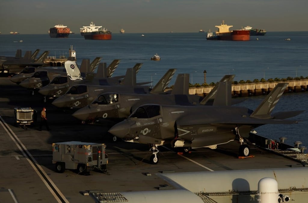 A row of Lockheed Martin F-35B Lightning II aircraft is seen onboard Britain’s HMS Queen Elizabeth aircraft carrier. Photo: Reuters