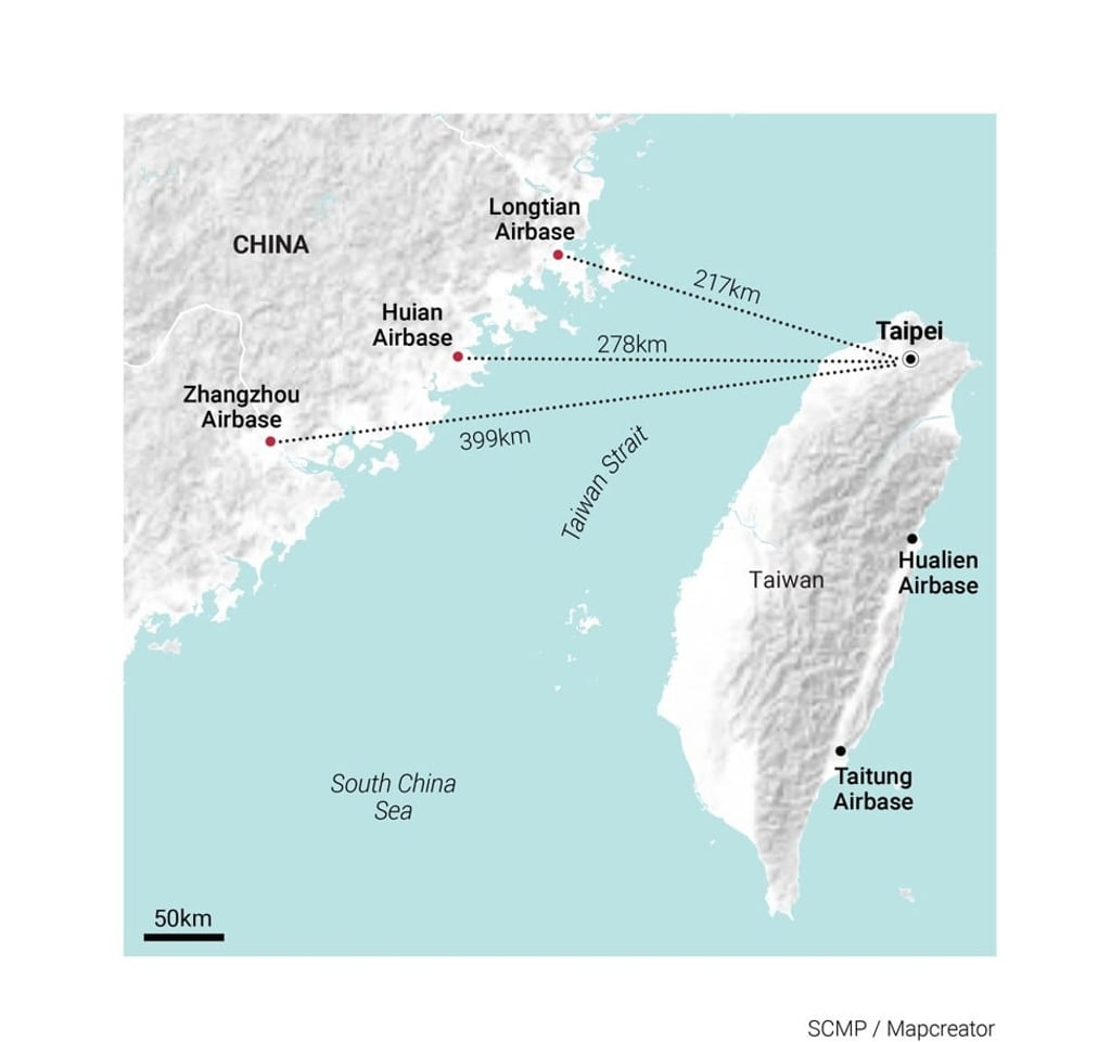 The three PLA airbases and their distance from the island of Taiwan.