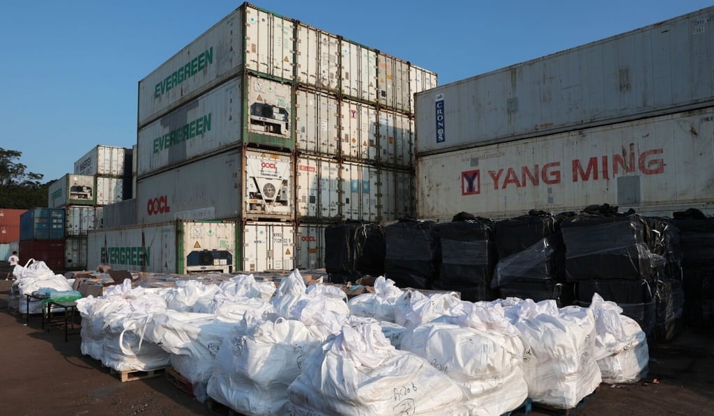 Sacks of the seized meat are displayed at the container yard. Photo: Sam Tsang
