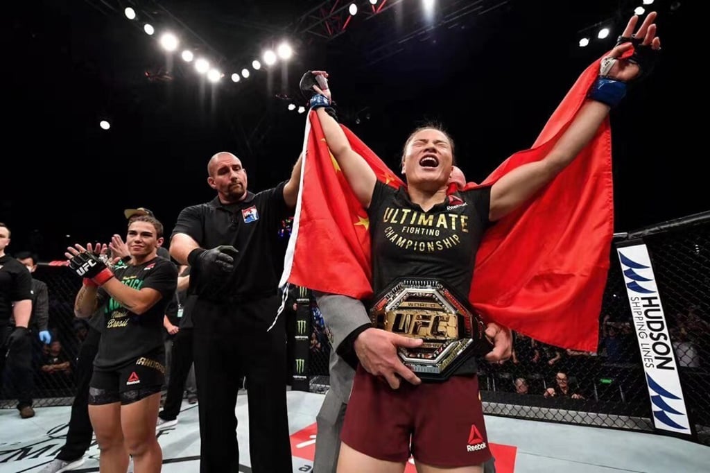 Zhang Weili celebrates after claiming the UFC strawweight title from Jessica Andrade in Shenzhen. Photo: Branon Magnus/Zuffa LLC Zhang Weili celebrates after claiming the UFC strawweight title from Jessica Andrade in Shenzhen. Photo: Branon Magnus/Zuffa LLC
