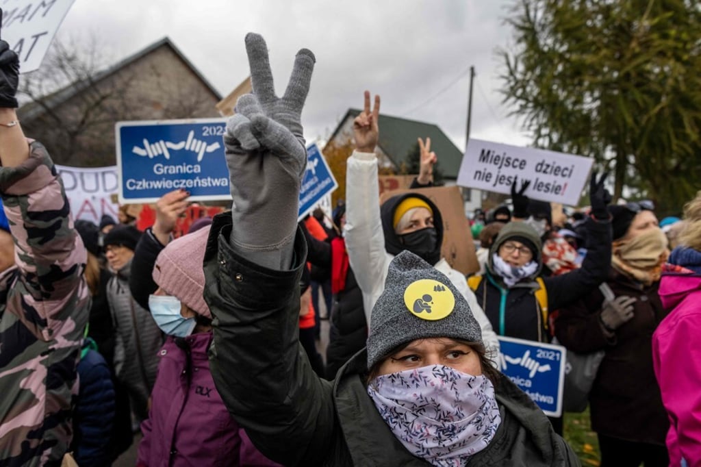 People take part in demonstration initiated by Polish mothers in Michalowo, Poland on Saturday. Photo: AFP