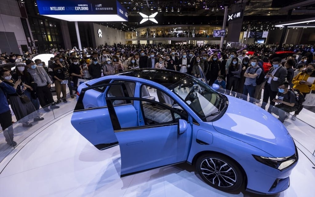 The Xpeng P5 on display at the Auto Shanghai 2021 show in April 2021. Owners will be able to handle several city-level scenarios. Photo: EPA-EFE