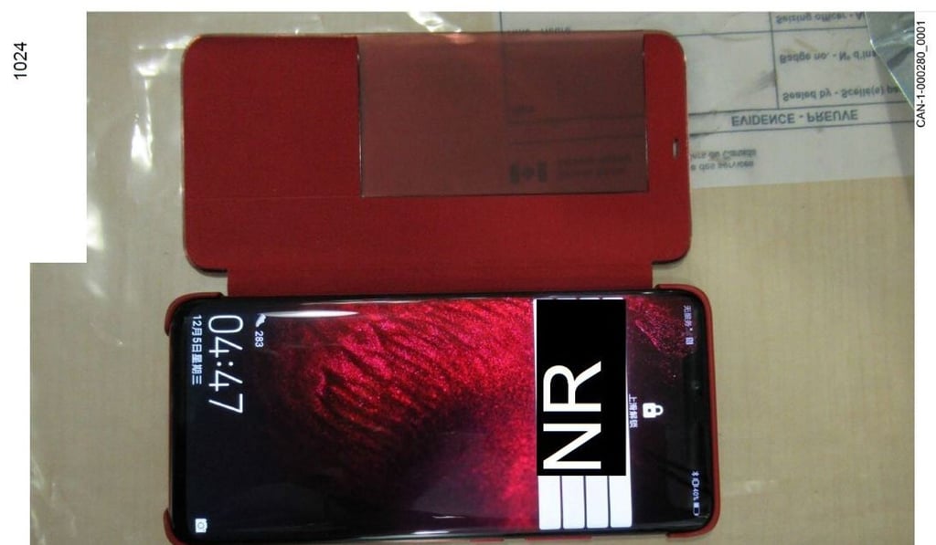 Meng Wanzhou's Huawei Mate 20 phone, seized by Canadian border officers on December 1, 2018. Photo: BC Supreme Court Meng Wanzhou's Huawei Mate 20 phone, seized by Canadian border officers on December 1, 2018. Photo: BC Supreme Court