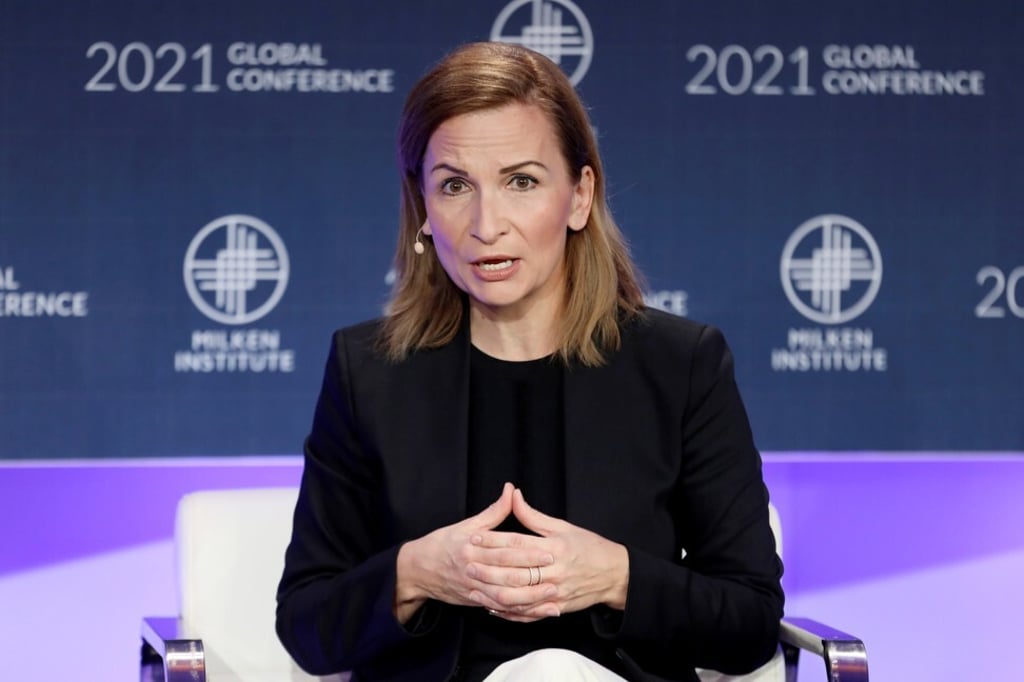 Jelena McWilliams, chairman of the Federal Deposit Insurance Corporation, speaks at the 2021 Milken Institute Global Conference in Beverly Hills, California, on October 18. Photo: Reuters Jelena McWilliams, chairman of the Federal Deposit Insurance Corporation, speaks at the 2021 Milken Institute Global Conference in Beverly Hills, California, on October 18. Photo: Reuters
