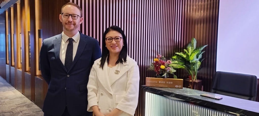 Edward Moncreiffe(L), chief executive of HSBC Life in Hong Kong and Maggie Ng(R), head of wealth and personal banking for HSBC Hong Kong met the media at the new HSBC centre at K11 Aterlier Victoria Dockside in Tsim Sha Tsui, which open on October 27, 2021. Photo: Enoch Yiu