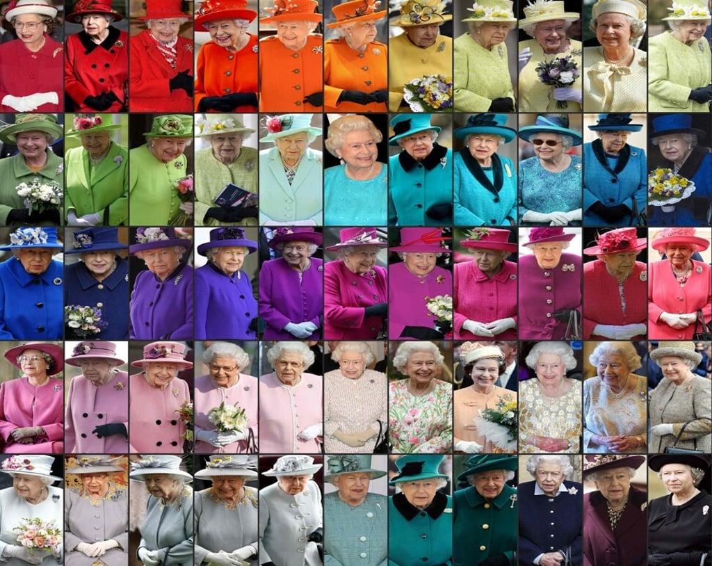 This combination of pictures shows the various colourful outfits worn by Britain’s Queen Elizabeth over the decades. Photos: various sources via AF