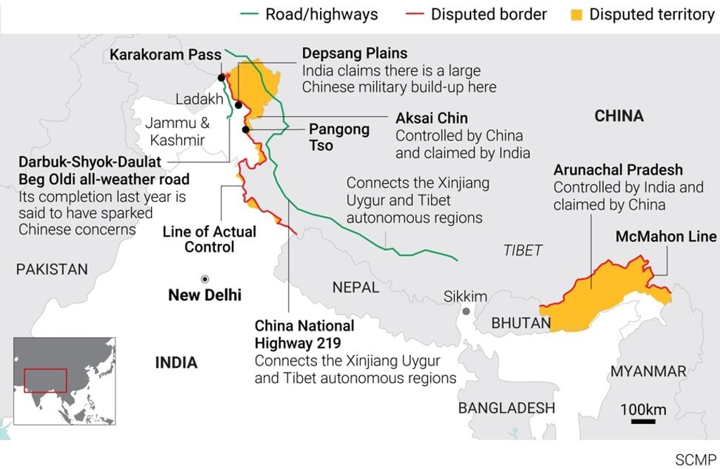 Disputed areas along the Indo-Chinese border. Graphic: SCMP
