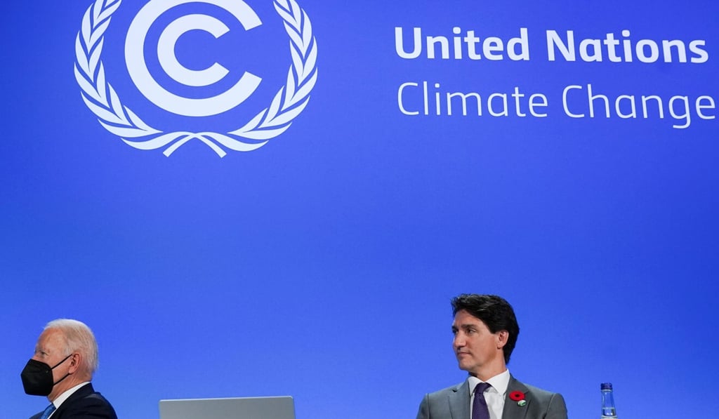 US President Joe Biden and Canadian Prime Minister Justin Trudeau take part in the Global Methane Pledge event during the UN Climate Change Conference (COP26) in Glasgow, Scotland, on Tuesday. Photo: Reuters