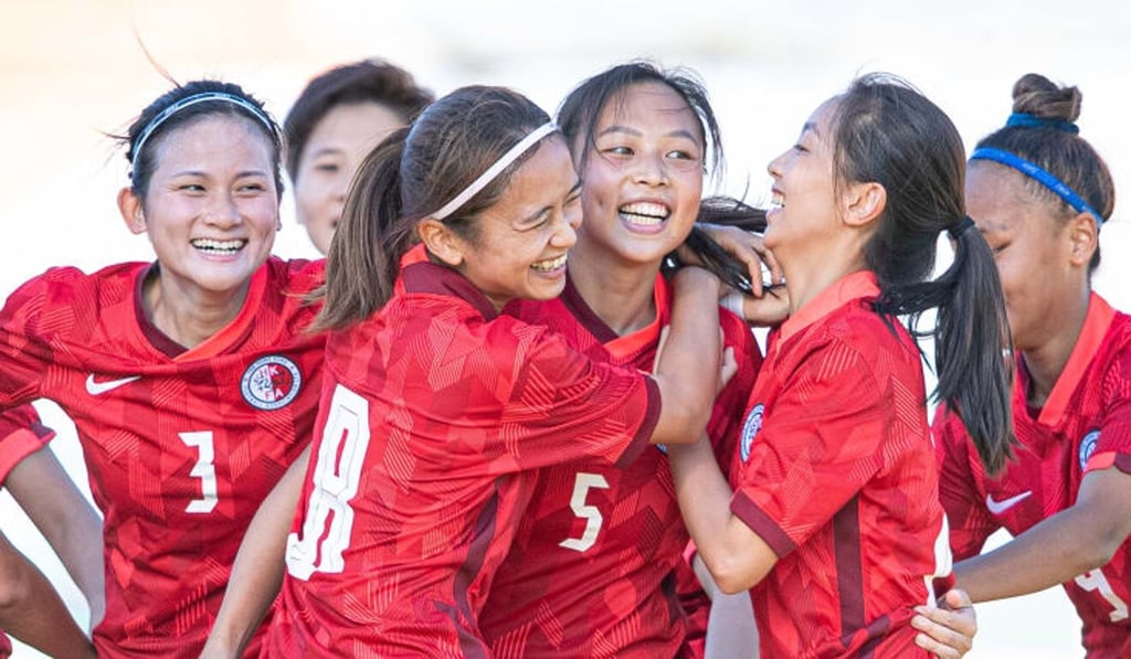 Kitchee captain Chung Pui-ki (No 5) celebrates after scoring a goal for Hong Kong in their 2-1 defeat to the Philippines in the 2022 AFC Women's Asian Cup qualifying match in Tashkent, Uzbekistan in September. Photo: Asian Football Confederation Kitchee captain Chung Pui-ki (No 5) celebrates after scoring a goal for Hong Kong in their 2-1 defeat to the Philippines in the 2022 AFC Women's Asian Cup qualifying match in Tashkent, Uzbekistan in September. Photo: Asian Football Confederation