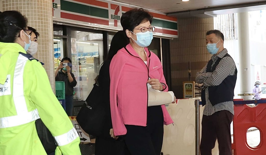 Chief Executive Carrie Lam fractured her elbow last month. Photo: Handout Chief Executive Carrie Lam fractured her elbow last month. Photo: Handout