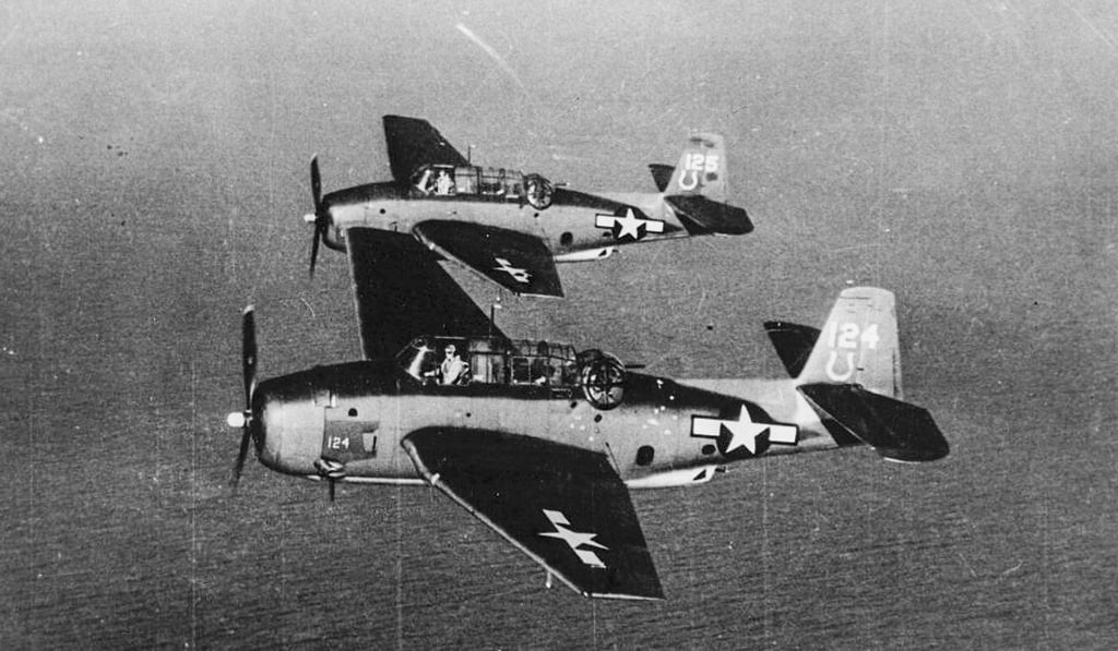 Two TBM Avengers from the US Torpedo Squadron Seven VT-7 off the USS Hancock in 1945. Photo: Handout