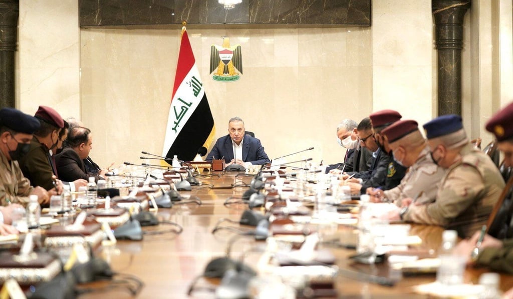 Iraqi Prime Minister Mustafa Al-Kadhimi meets with Iraqi security leaders after the drone attack. Photo: Reuters