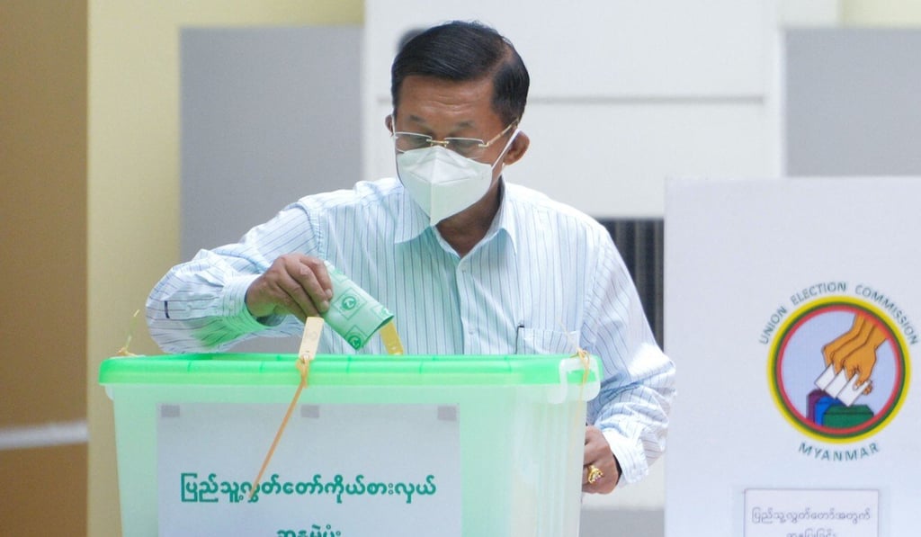General Min Aung Hlaing casts his ballot at a polling station in Naypyidaw last November, three months before leading a coup that overthrew Myanmar’s elected government. Photo: AFP General Min Aung Hlaing casts his ballot at a polling station in Naypyidaw last November, three months before leading a coup that overthrew Myanmar’s elected government. Photo: AFP