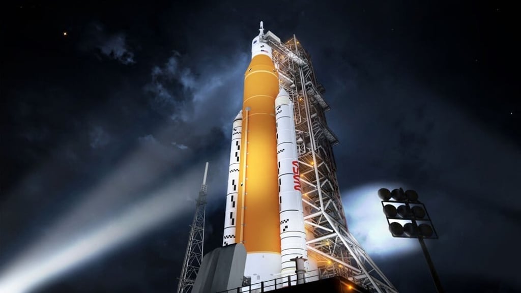 A Nasa illustration shows Nasa's new rocket, the Space Launch System (SLS), in its Block 1 crew vehicle configuration that will send astronauts to the moon. Photo: Nasa