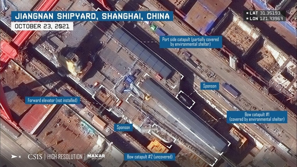 Satellite images show fully and partially completed components of China’s next aircraft carrier. Photo: CSIS Satellite images show fully and partially completed components of China’s next aircraft carrier. Photo: CSIS