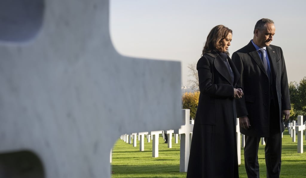 US Vice-President Kamala Harris and her husband, Doug Emhoff, tour Suresnes American Cemetery in Suresnes, France on Wednesday. Photo: The New York Times via AP US Vice-President Kamala Harris and her husband, Doug Emhoff, tour Suresnes American Cemetery in Suresnes, France on Wednesday. Photo: The New York Times via AP