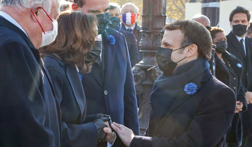 French President Emmanuel Macron with US Vice-President Kamala Harris in Paris during ceremonies marking the 103rd anniversary of Armistice Day on November 11, 2021. Photo: AP French President Emmanuel Macron with US Vice-President Kamala Harris in Paris during ceremonies marking the 103rd anniversary of Armistice Day on November 11, 2021. Photo: AP