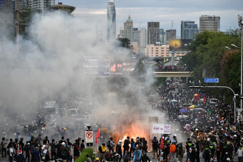 Anti-government demonstrators march in Bangkok to protest the government’s Covid-19 handling on July 18, 2021. Photo: Reuters Anti-government demonstrators march in Bangkok to protest the government’s Covid-19 handling on July 18, 2021. Photo: Reuters