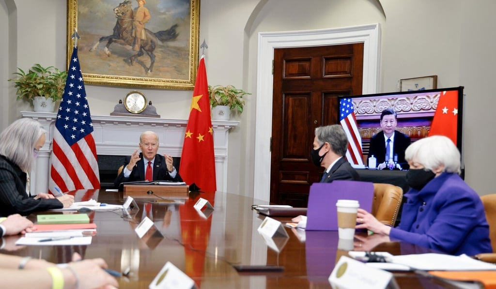 US President Joe Biden, Secretary of State Antony Blinken and Treasury Secretary Janet Yellen speak virtually with Chinese leader Xi Jinping from the White House. Photo: Reuters