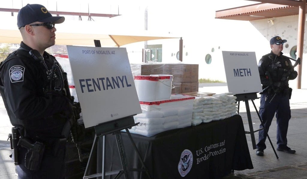 Packets of fentanyl and methamphetamine seized by US Customs and Border Protection are displayed during a news conference at the Port of Nogales, Arizona, in January 2019. Photo: US Customs and Border Protection via Reuters