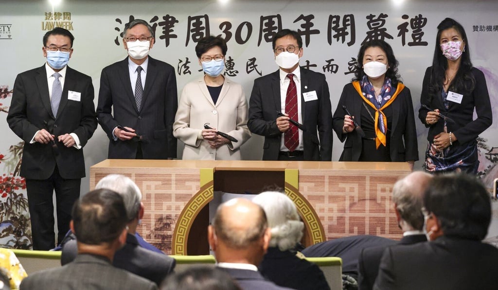 Chief Justice Andrew Cheung (second left) with Chief Executive Carrie Lam and Secretary for Justice Teresa Cheng (second from right). Photo: May Tse Chief Justice Andrew Cheung (second left) with Chief Executive Carrie Lam and Secretary for Justice Teresa Cheng (second from right). Photo: May Tse
