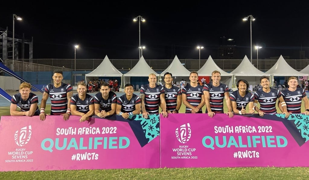 Hong Kong men's rugby sevens team celebrate after they qualify for the 2022 Rugby World Cup in South Africa with their win at the Asia Rugby Sevens Series. Photo: Asia Rugby