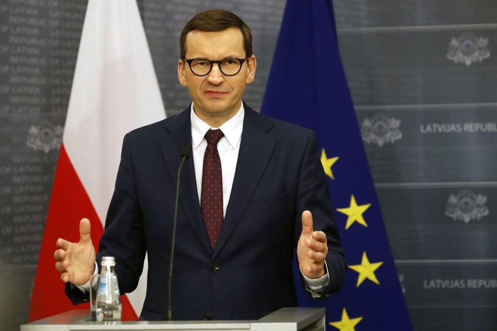 Polish Prime Minister Mateusz Morawiecki in Riga, Latvia, on Sunday. Photo: EPA-EFE Polish Prime Minister Mateusz Morawiecki in Riga, Latvia, on Sunday. Photo: EPA-EFE