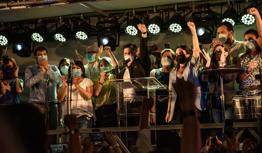 Gabriel Boric, presidential candidate for the Social Convergence party, speaks during an election night rally in Santiago, Chile, on Sunday. Photo: Bloomberg
