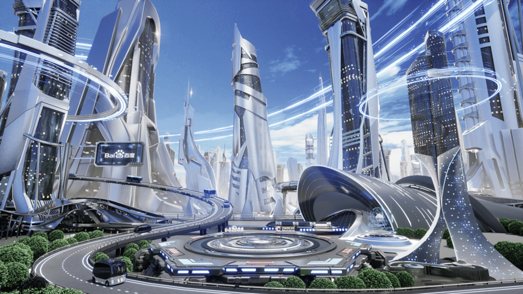 The stage of the Baidu Create conference in the XiRang metaverse features a futuristic city. Photo: Baidu The stage of the Baidu Create conference in the XiRang metaverse features a futuristic city. Photo: Baidu