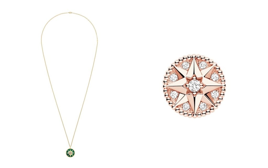 A long yellow-gold necklace with malachite and stud earrings from Dior’s Rose des Vents collection. Photo: Dior