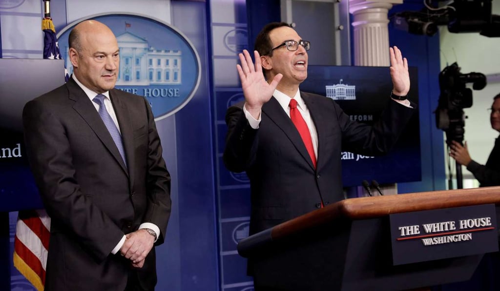 US National Economic Council director Gary Cohn (left) and Treasury Secretary Steven Mnuchin end their briefing after unveiling the Trump administration’s tax reform proposal in the White House on Wednesday. Donald Trump is plainly falling way behind schedule in staffing his administration with a range of competent and knowledgeable officials. Photo: Reuters