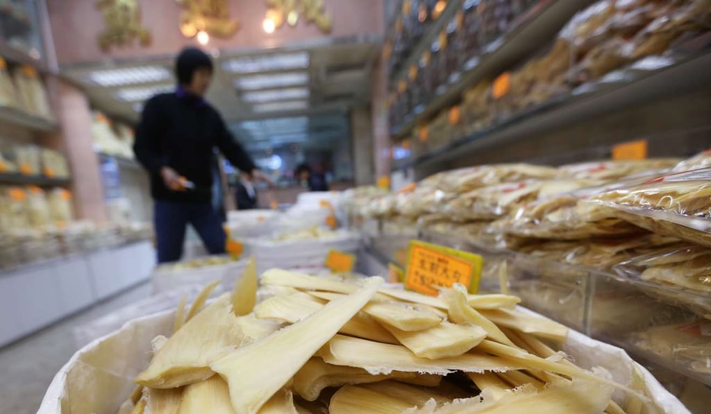 Shark fins on display at a dry seafood store at Western District. Photo: Sam Tsang