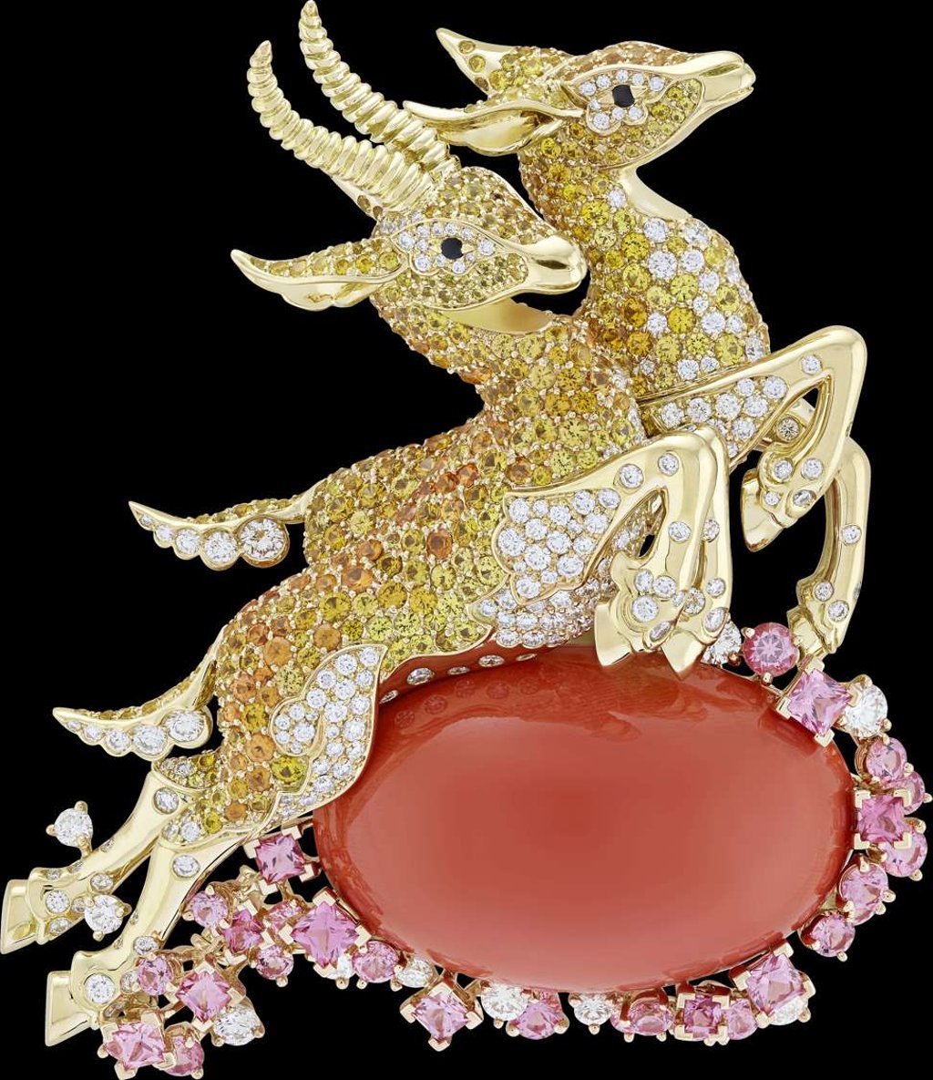 Gazelles clip from Van Cleef & Arpels' Noah's Ark exhibition.Made of diamonds, yellow sapphires, spessartite garnets, pink and black spinels and featuring one 71.79ct cabochon-cut coral.