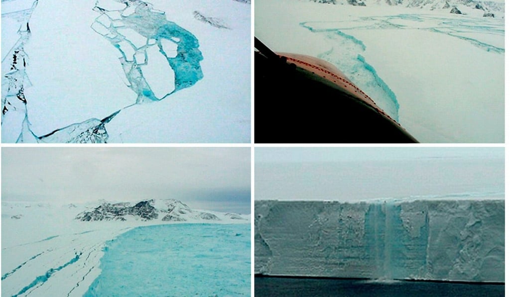 A combination of aerial photographs taken in February and March 2002 of parts of the Larsen B shelf in the Antarctic show different aspects of the final stages of its collapse. The Larsen C shelf now risks a similar fate. Photo: Reuters
