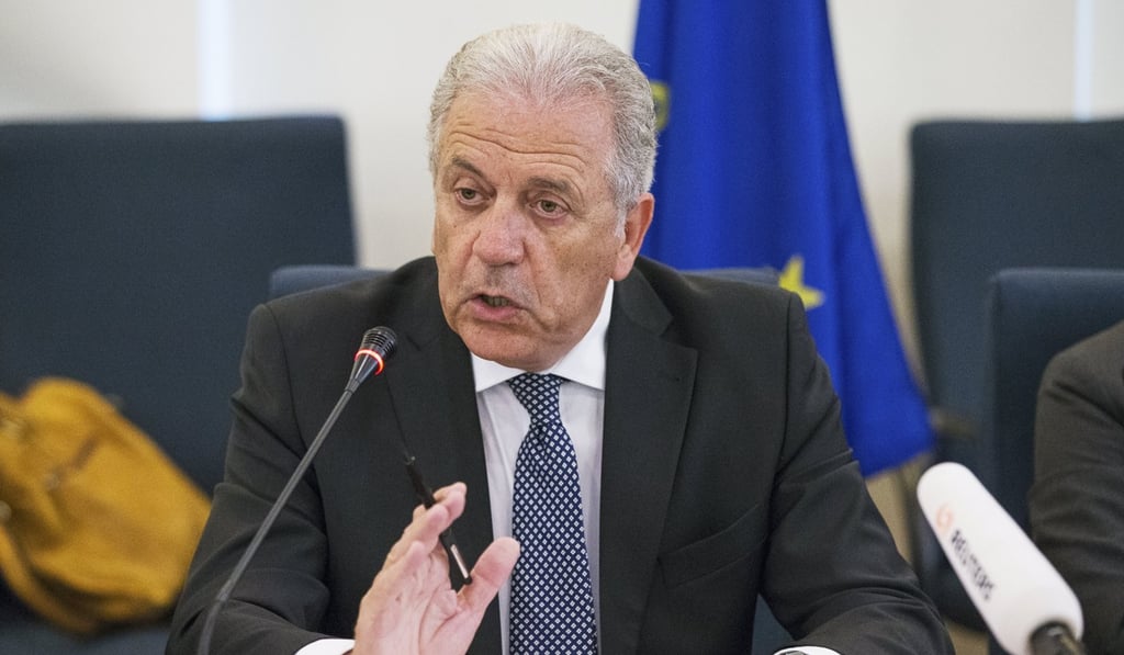 European Union commissioner for migration Dimitris Avramopoulos speaks to the media in Beijing on Thursday. Photo: EPA