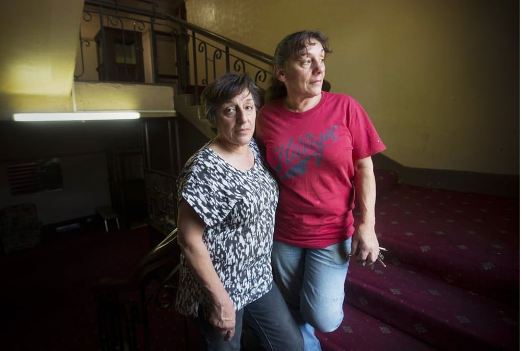 Twins Rose Banks (left) and Yvette Kelly in the Gatwick hotel, Melbourne.