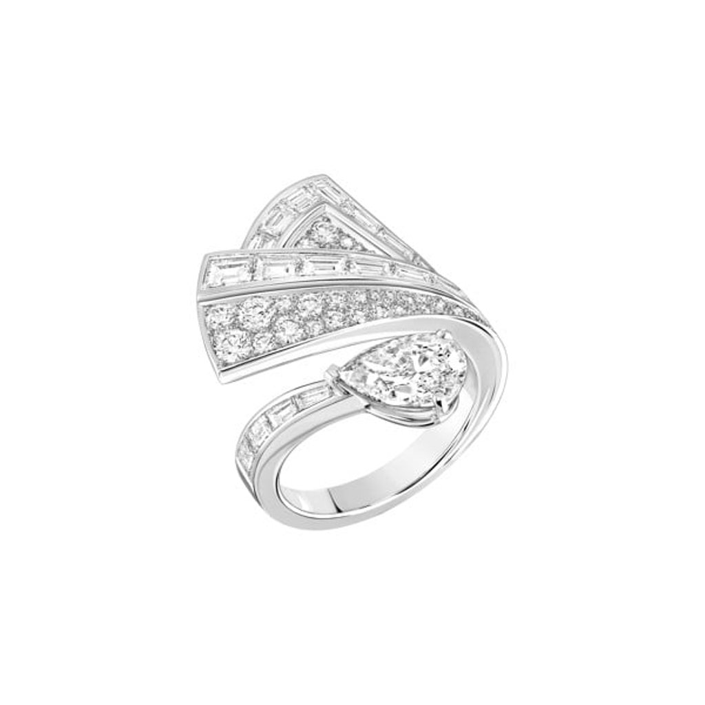 Maud ring in 18ct white gold set with a 1.5ct, pear-cut diamond, 19, 1.46ct baguette-cut diamonds and 39, 0.64 brilliant-cut diamonds. Maud ring in 18ct white gold set with a 1.5ct, pear-cut diamond, 19, 1.46ct baguette-cut diamonds and 39, 0.64 brilliant-cut diamonds.