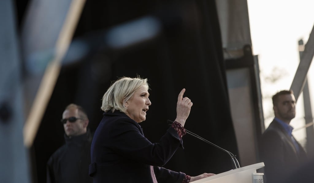 Marine Le Pen, French presidential candidate, speaks during an election campaign event in Ennemain on Thursday. Photo: Bloomberg