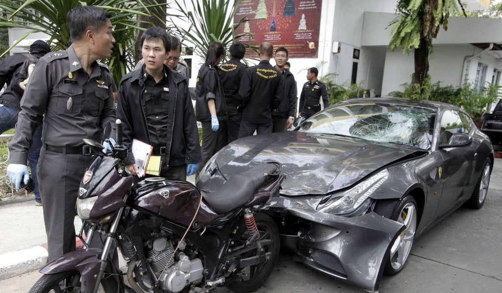 A Ferrari, that was driven by Vorayuth Yoovidhya, a grandson of late Red Bull founder Chaleo Yoovidhya, and a motorcycle, both involved in an accident, are displayed by police in Bangkok, File photo: AP A Ferrari, that was driven by Vorayuth Yoovidhya, a grandson of late Red Bull founder Chaleo Yoovidhya, and a motorcycle, both involved in an accident, are displayed by police in Bangkok, File photo: AP