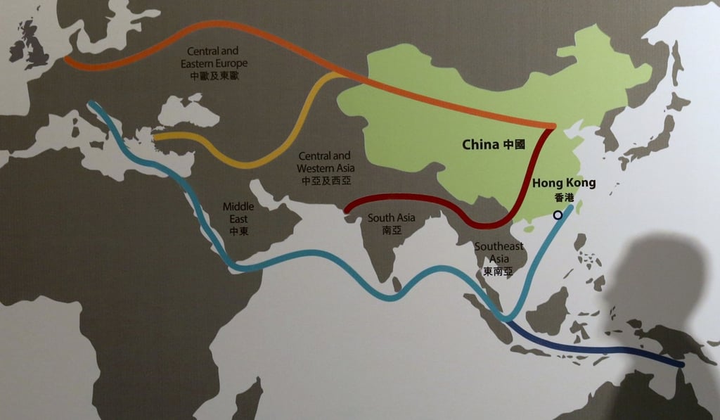 A graphic depiction of the extent of the belt and road plan at the Asian Financial Forum last year. Photo: Reuters, Bobby Yip