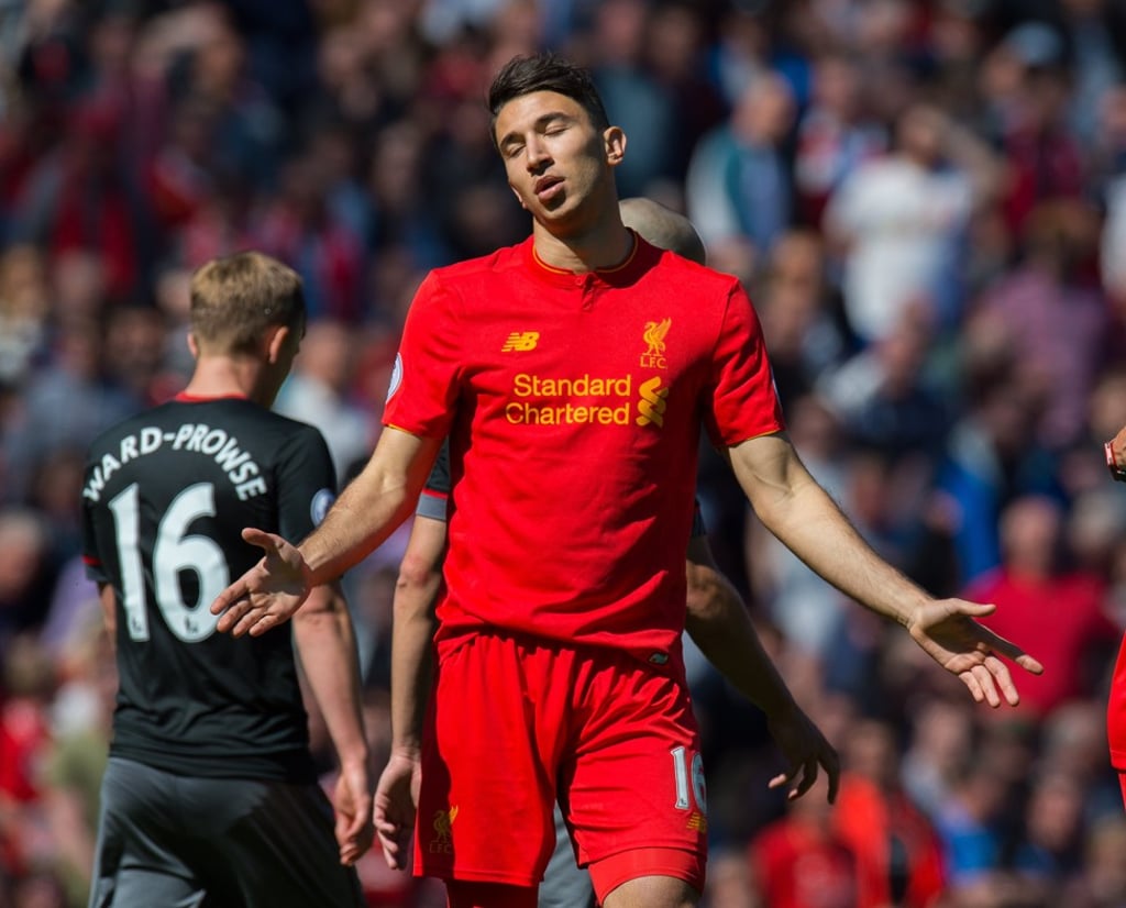 Liverpool’s Marko Grujic reacts after a chance goes begging against Southampton. Photo: EPA