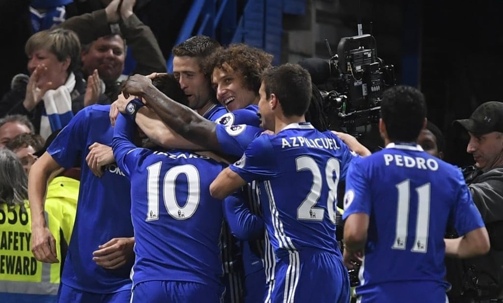 Chelsea players celebrate the third goal in the win over Middlesbrough. Photo: EPA