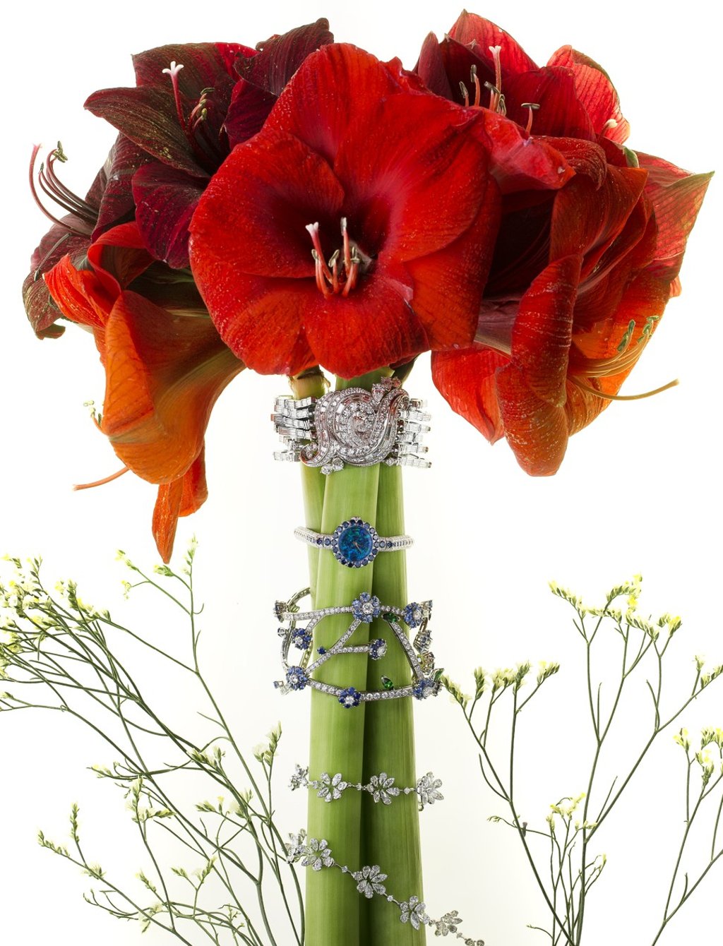 Van Cleef & Arpels, bracelet with sapphires; Nirav Modi, flower necklace; Tiffany & Co., bracelet; Dior, opal watch Van Cleef & Arpels, bracelet with sapphires; Nirav Modi, flower necklace; Tiffany & Co., bracelet; Dior, opal watch