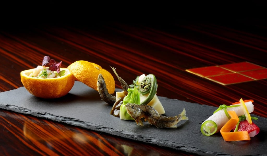 Hamo (pike conger), yuzu kama, fried chiayu (baby sweetfish), takenoko, kinome miso and temari sushi at Nobu.