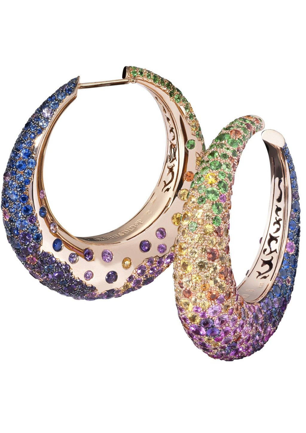 These earrings are set with an amazing selection of 186 amethysts, 606 sapphires of different colours and 124 tsavorites. Price on request